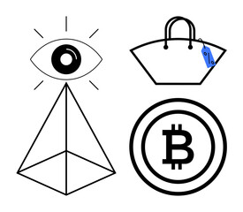 Eye above geometric pyramid, handbag with discount tag, Bitcoin symbol inside circle. Ideal for finance, fashion, technology, online shopping, cryptocurrency, modern economy abstract line flat