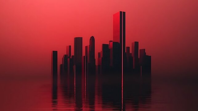 Red-lit city skyline reflected in water, dystopian mood, futuristic setting, ideal for sci-fi film