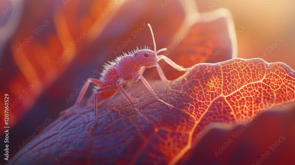 Poster A captivating view of a leaf with intricate patterns, showcasing a tiny insect resting in the sunlight, emphasizing the beauty of detail in nature