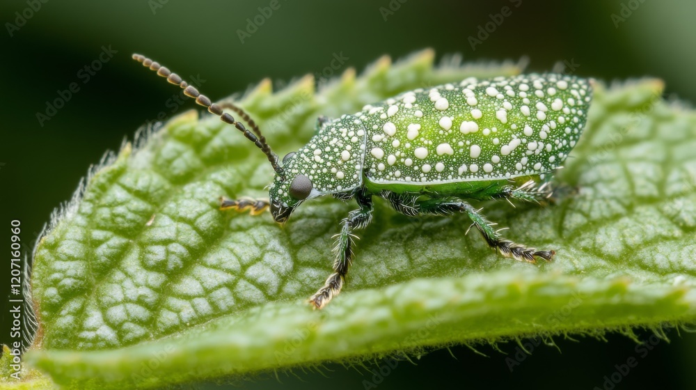 Aufkleber A captivating view of a leaf with intricate patterns, showcasing a tiny insect resting in the sunlight, emphasizing the beauty of detail in nature