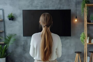 Obraz premium Woman with long hair standing with her back to the camera in front of a large blank flat screen television on a gray wall