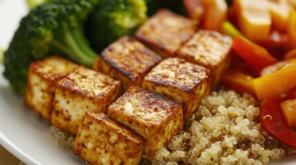 A plate of balanced vegetarian meal, featuring tofu, quinoa