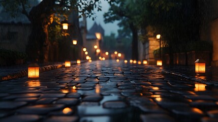 Cobblestone street with rain puddles reflecting glowing lanterns