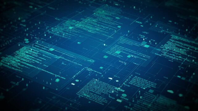 Futuristic blue digital data flow background with interconnected grids, text, and graphical elements for technology and innovation themes. Big data connection abstract background