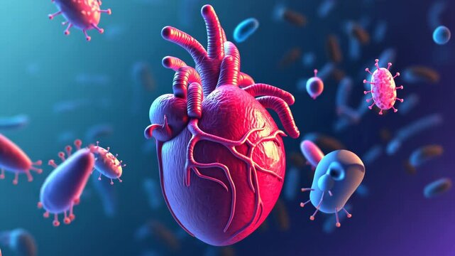 Heart is surrounded by other red objects, with the heart being the main focus. The heart is located in the center of the other objects, and it is the largest and most prominent object in the scene
