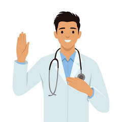 Fototapeta premium Young doctor wearing white coat and stethoscope raising one hand in a gesture of greeting. Flat vector illustration isolated on white background