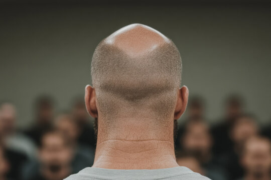 A bald man with a shaved head stands in front of a crowd of people