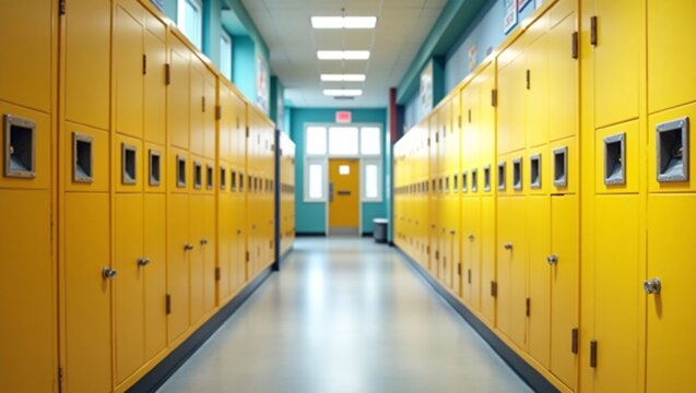 School hallway with yellow lockers in row, back to school concept. Mockup wall