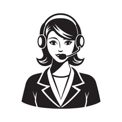 Call center operator woman silhouette, black and white silhouette, vector and illustration