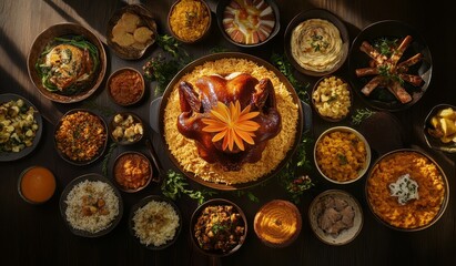 Fototapeta premium Roasted chicken centerpiece surrounded by various dishes.