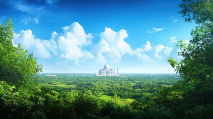 panoramic view of the Taj Mahal from a distance, framed by lush greenery and an expansive blue sky