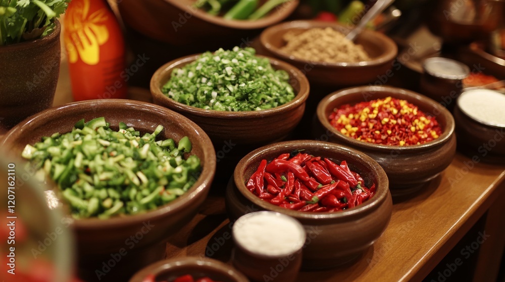Poster a charming setup featuring a colorful array of fresh chili peppers, dried chili flakes, and chili po