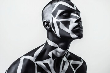 Artistic portrait of a male model with closed eyes, showcasing geometric body art in black and white, creating a visually striking image