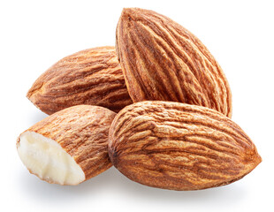 Almond nuts and cracked almonds isolated on white background. File contains clipping path.