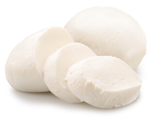 Slices of mozzarella cheese ball on white background. File contains clipping path.