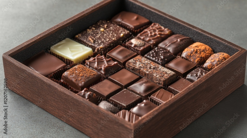 Poster a chocolate lovers dream an open box of assorted chocolates, with a few pieces missing, showing vari