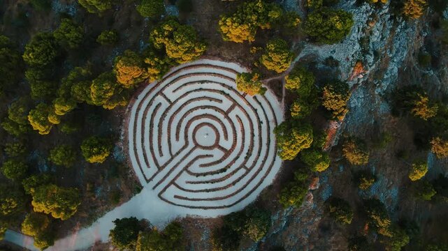 Top view of circular labyrinth surrounded by lush greenery. Hedge maze among forest trees at sunset. Lavender labyrinth in Rogoznica, Croatia