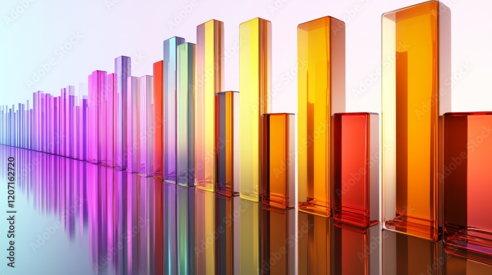 Poster A clear D bar graph with metallic bars and gradient colors, arranged on a white reflective surface, creating a clean, professional aesthetic