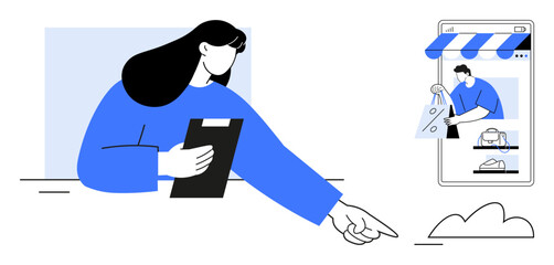 Woman with tablet pointing towards shopping apps on mobile. Ideal for e-commerce, online shopping, digital transactions, data analysis, user interaction, technology advancement, and business growth