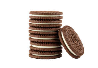 A neat stack of chocolate sandwich cookies with white cream filling, one leaning against the stack, isolated on a white background