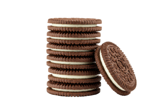 A neat stack of chocolate sandwich cookies with white cream filling, one leaning against the stack, isolated on a white background