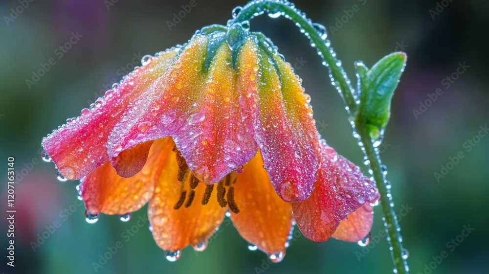 Poster A close-up of a colorful flower with dew-covered petals, captured with soft focus and a light mist in the background.