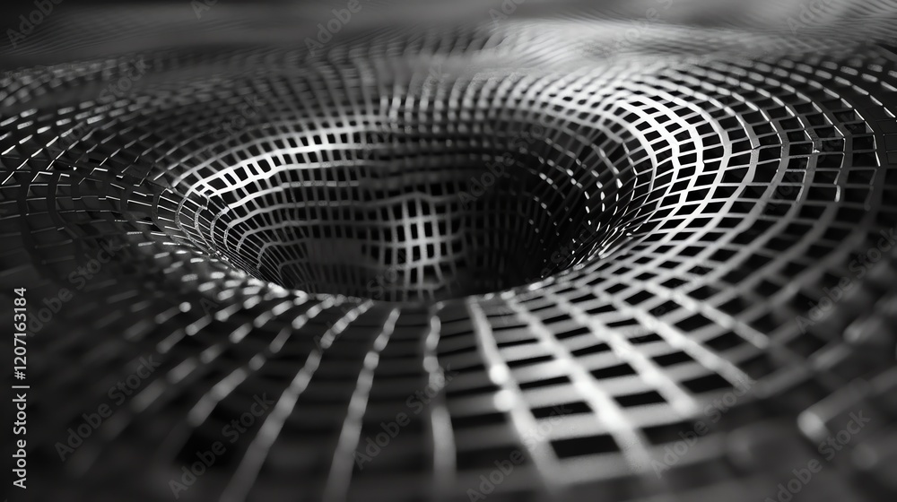 Wall mural black and white image of a surface with a hole in the center. the surface is made of a grid of small