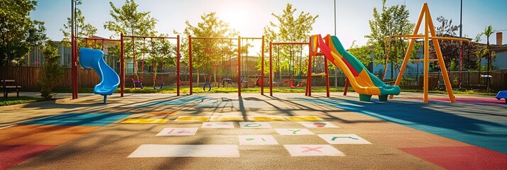 A vibrant playground with hopscotch markings, swings, and colorful slides under sunlight