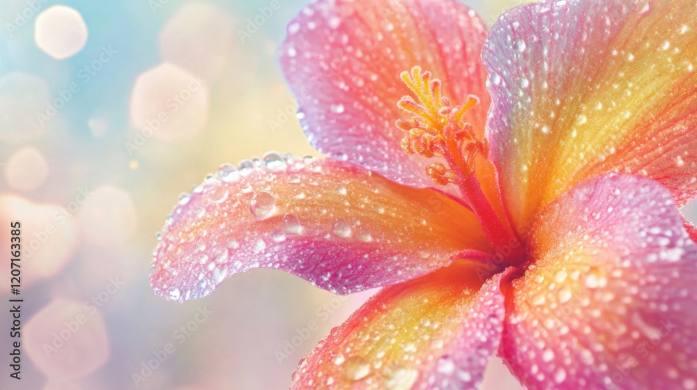 Poster a close-up of a colorful flower with dew-covered petals, captured with soft focus and a light mist i