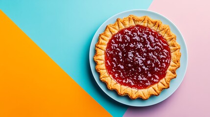 Delicious crostata filled with red fruit jam isolated on a colorful background
