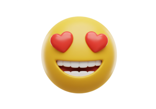A yellow 3D emoji with heart-shaped eyes and a wide open smile, isolated on a white background