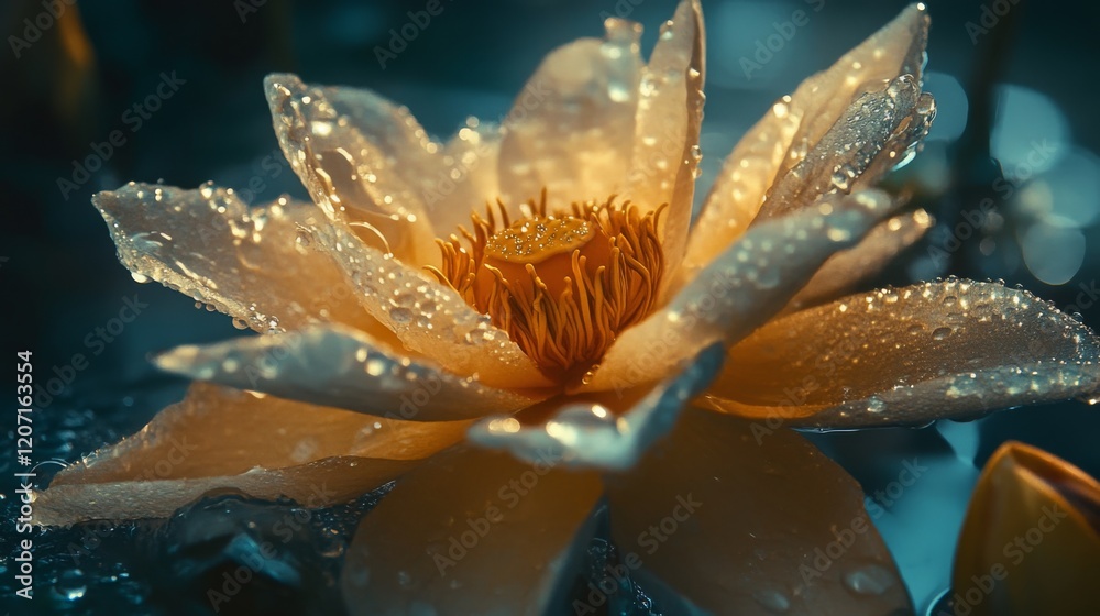 Poster a close-up of a flower with clear water droplets gently resting on its petals, creating a serene, tr