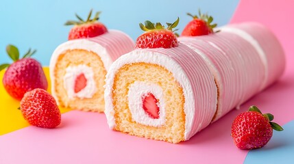 Delicious swiss roll cake slices with strawberry icing cream isolated on a colorful background