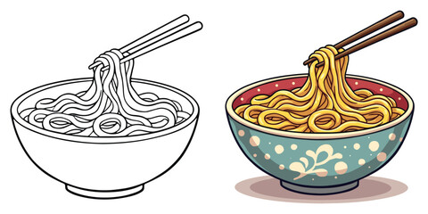 Noodles Line Art Vector Illustration Black and White with Coloring Sample. Bold and Easy Food, Fruits, Sweets, Drinks, Dessert, and Snacks Coloring Pages for Adults and Kids