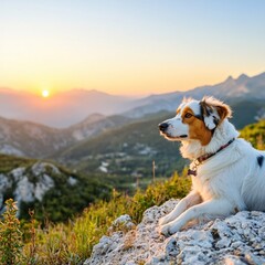 Majestic Sunset Mountain Dog Scenic View Canine Landscape