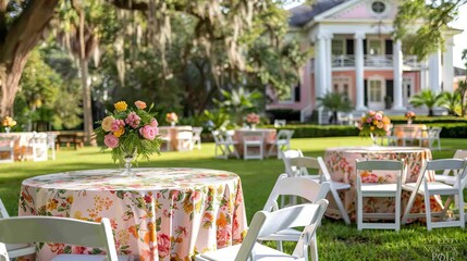 Elegant cocktail hour on lush lawn with floral table linens and charming seating arrangements