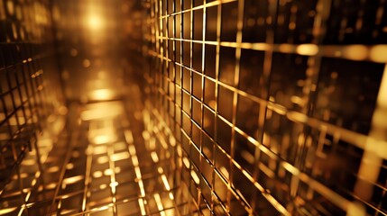 Elegant golden metal grid with soft warm lighting. Abstract background. 3D rendering.