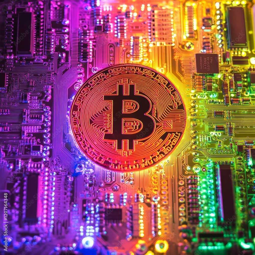 Poster bitcoin cryptocurrency on colorful circuit board.