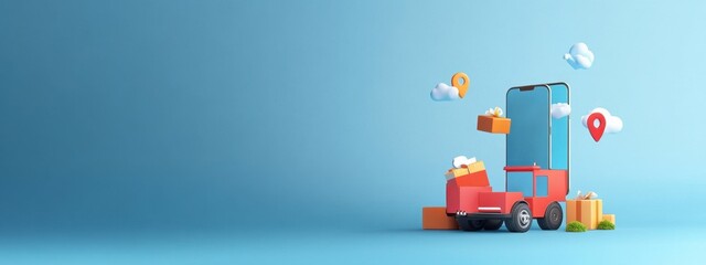 Fototapeta premium Fast Online Delivery Service: Mobile App, Truck and Gifts Delivery Concept