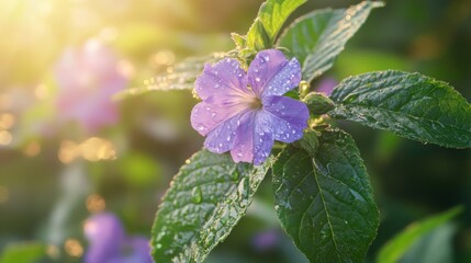 A close-up of a purple flower with water droplets on its petals, illuminated by soft sunlight breaking through the leaves.