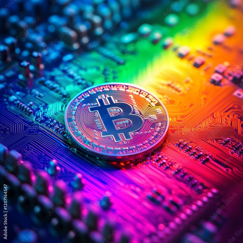 Poster close-up of a bitcoin cryptocurrency coin on a vibrant circuit board.