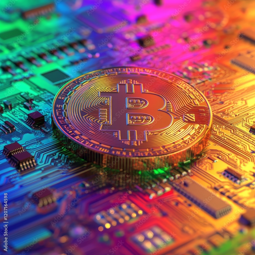 Poster Golden Bitcoin on colorful circuit board. (1)