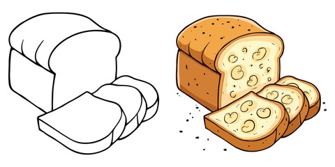 Banana Bread Line Art Vector Illustration Black and White with Coloring Sample. Bold and Easy Food, Fruits, Sweets, Drinks, Dessert, and Snacks Coloring Pages for Adults and Kids