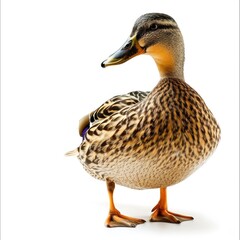 A close-up of a mallard duck standing gracefully against a white background.