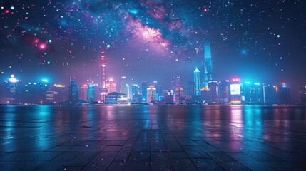 City skyline under a canopy of stars showcasing celestial beauty illuminating the urban night sky.