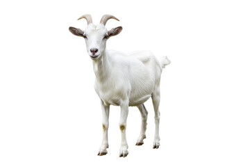 Obraz premium A white goat with short horns and floppy ears, standing and facing forward, isolated on a white background, front view