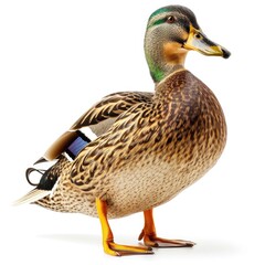 A vibrant mallard duck stands proudly with detailed plumage and a striking green head.