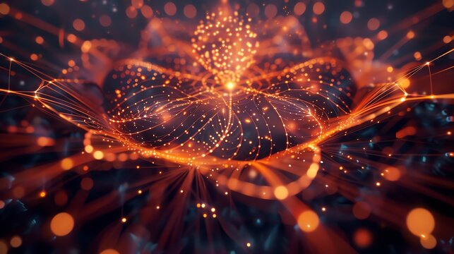 Abstract glowing flower made of particles. Orange and red colors. Suitable as a background for presentations, websites, and other graphic projects.