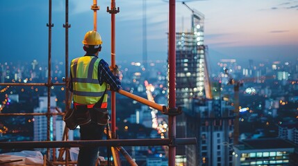 Fototapeta premium Construction Worker in Hard Hat and Safety Vest on Scaffolding with Blurred Cityscape Background, Symbolizing Modern Worker Conditions