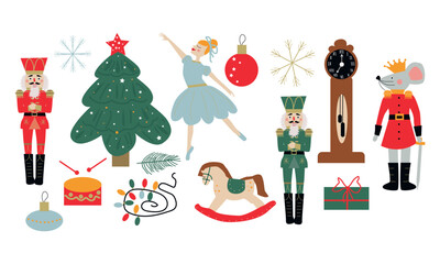 Christmas set of characters from the winter tale ballet Nutcracker's story. 